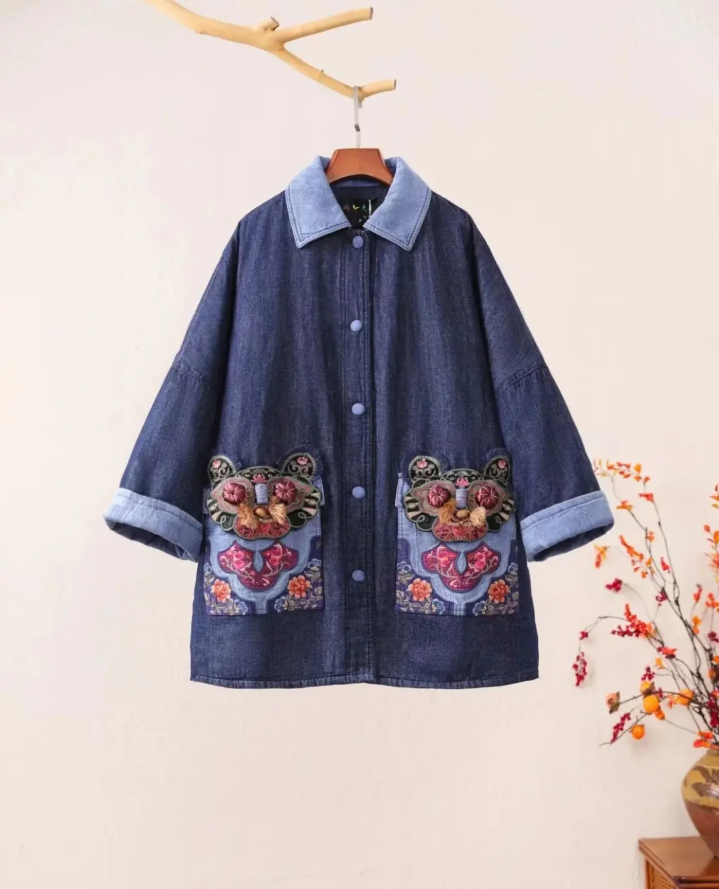 Vintage Women's winter clothing Blue denim linen cardigan padded jacket ethnic style loose embroidery cotton outerwears