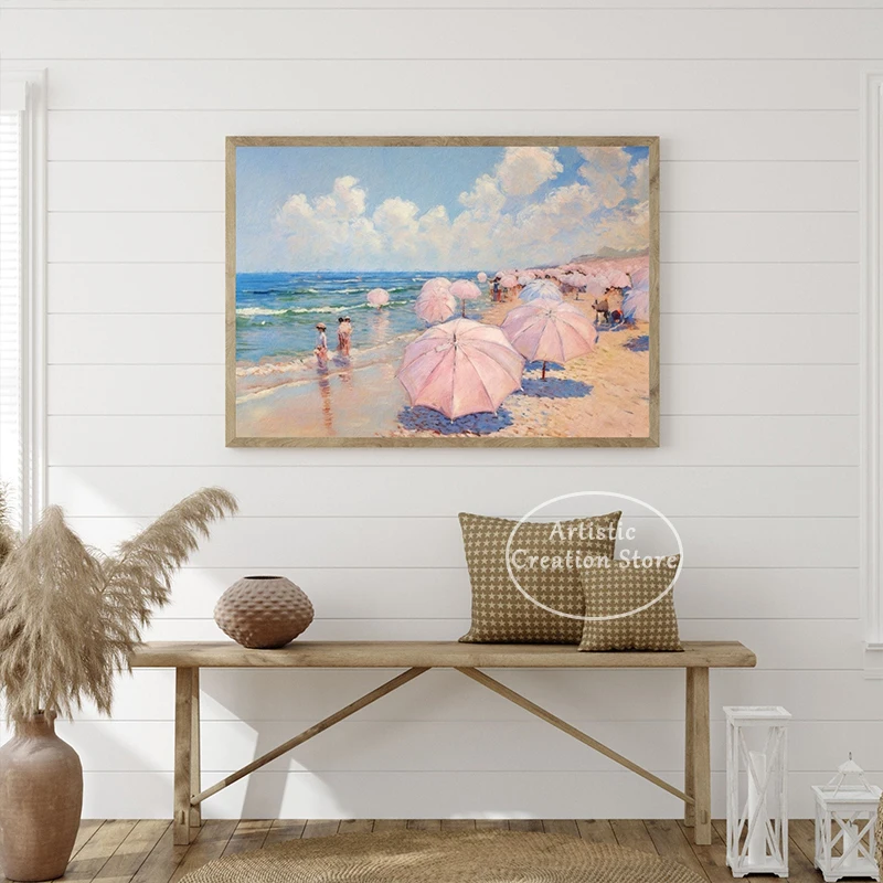 Retro Pink Beach Umbrellas Poster Retro Pastel Sunset Canvas Painting Minimal Modern Tropical Living Room Wall Art Home Decor