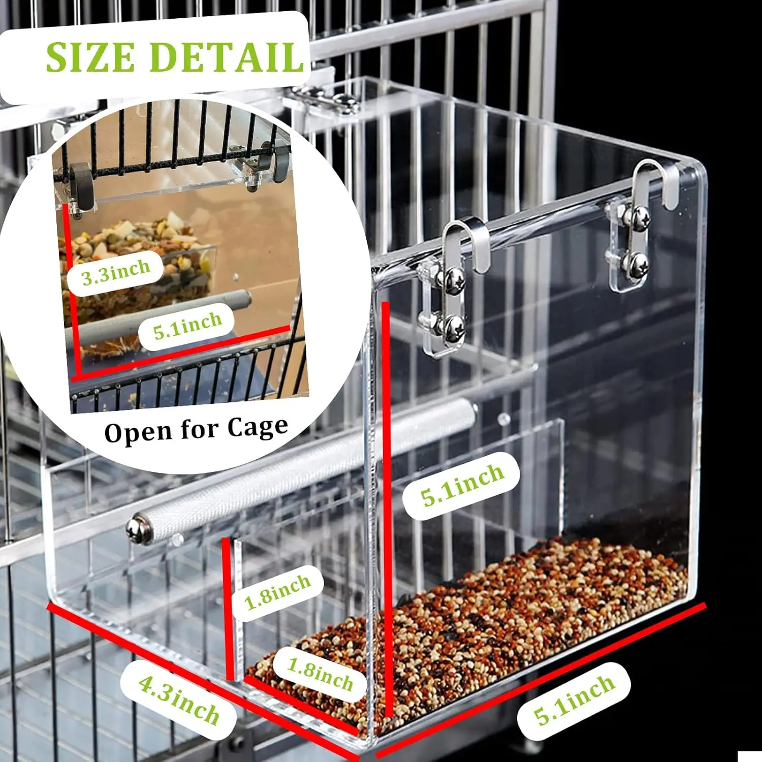 Practical Transparent Bird Automatic Feeder Spill-proof Cup with Hooks Parrot Food Box Hanging Acrylic Bird Feeder for Bird - view 2