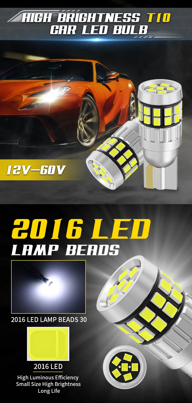 10pcs T10 LED W5W Bulbs 12V 24V For Car Truck Interior Lights Canbus No Error Super Bright 2016*30SMD License Plate Signal Lamps