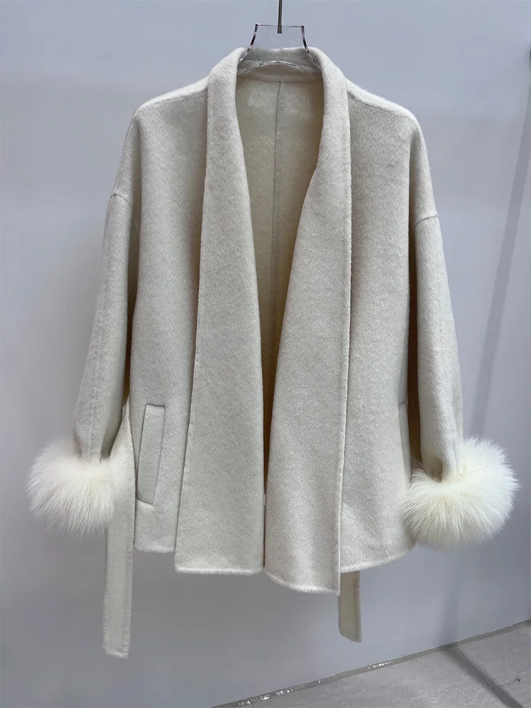 

Новинка 2023 года, зимнее кашемировое пальто из натуральной шерсти, женская куртка с манжетами из натурального лисьего меха, толстая теплая уличная одежда, верхняя одежда, куртка с поясом