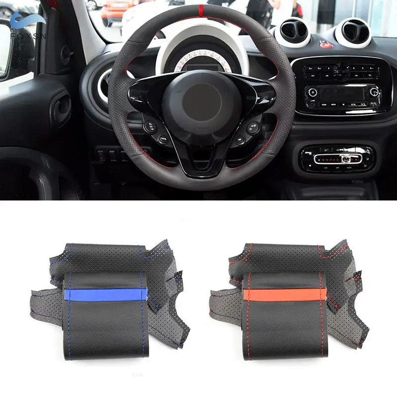Hand Braids For Smart Fortwo 2015 2016 2017 2018 Car Steering Wheel Cover Microfiber Leather Decoration Trim with lines strip