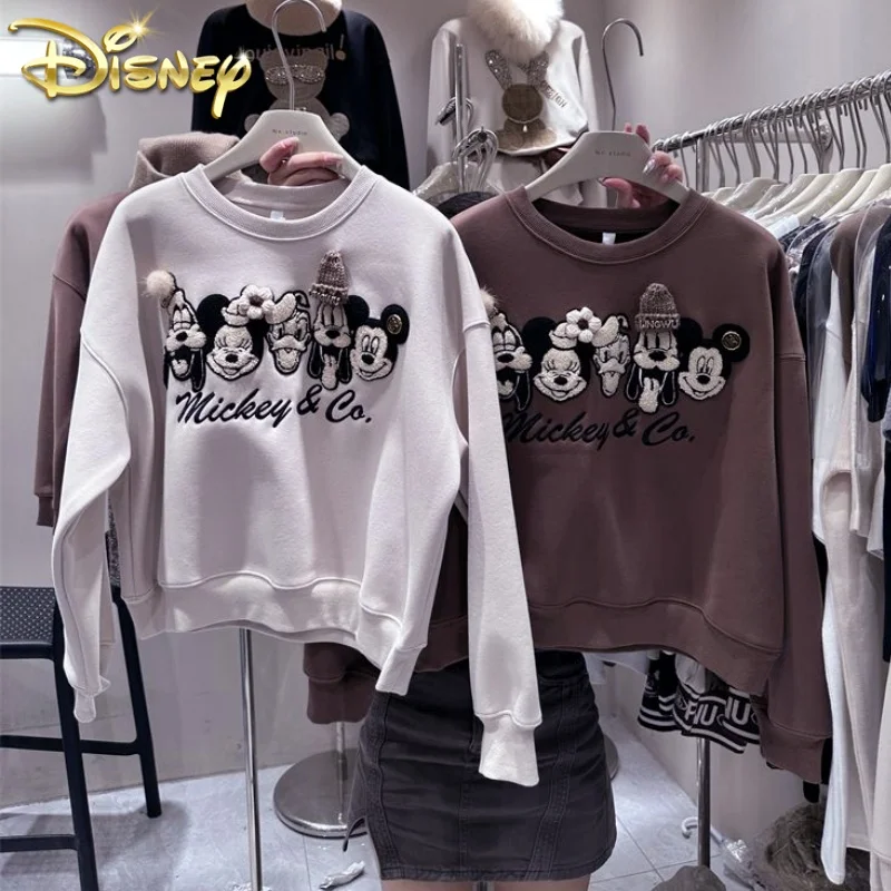 Disney Clothes Mickey Embroidered Round Neck Pullover Women Luxury Design Fleece Sweatshirt Y2k Female Short Style Tops Gift