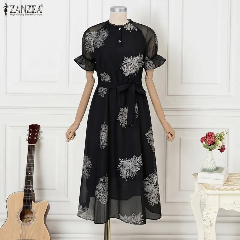 ZANZEA Damenkleid, Sommerkleid mit Puffärmeln, kurzärmelig, modisch, durchsichtig, für Arbeit, Party, Spitze, Patchwork, O-Ausschnitt, Gürtel, lange Kleider