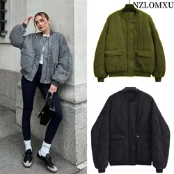 Women's Cotton Round Neck Aviator Jacket Coat Warm Loose Bread Jacket Zipper With Button Jacket Grey Fashion Vintage Jacket