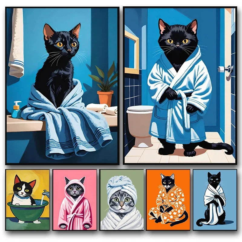 Divertido gato pequeño con albornoz, imágenes artísticas de pared, bonito póster de gato para baño, lienzo impreso, pintura moderna para baño, decoración del hogar