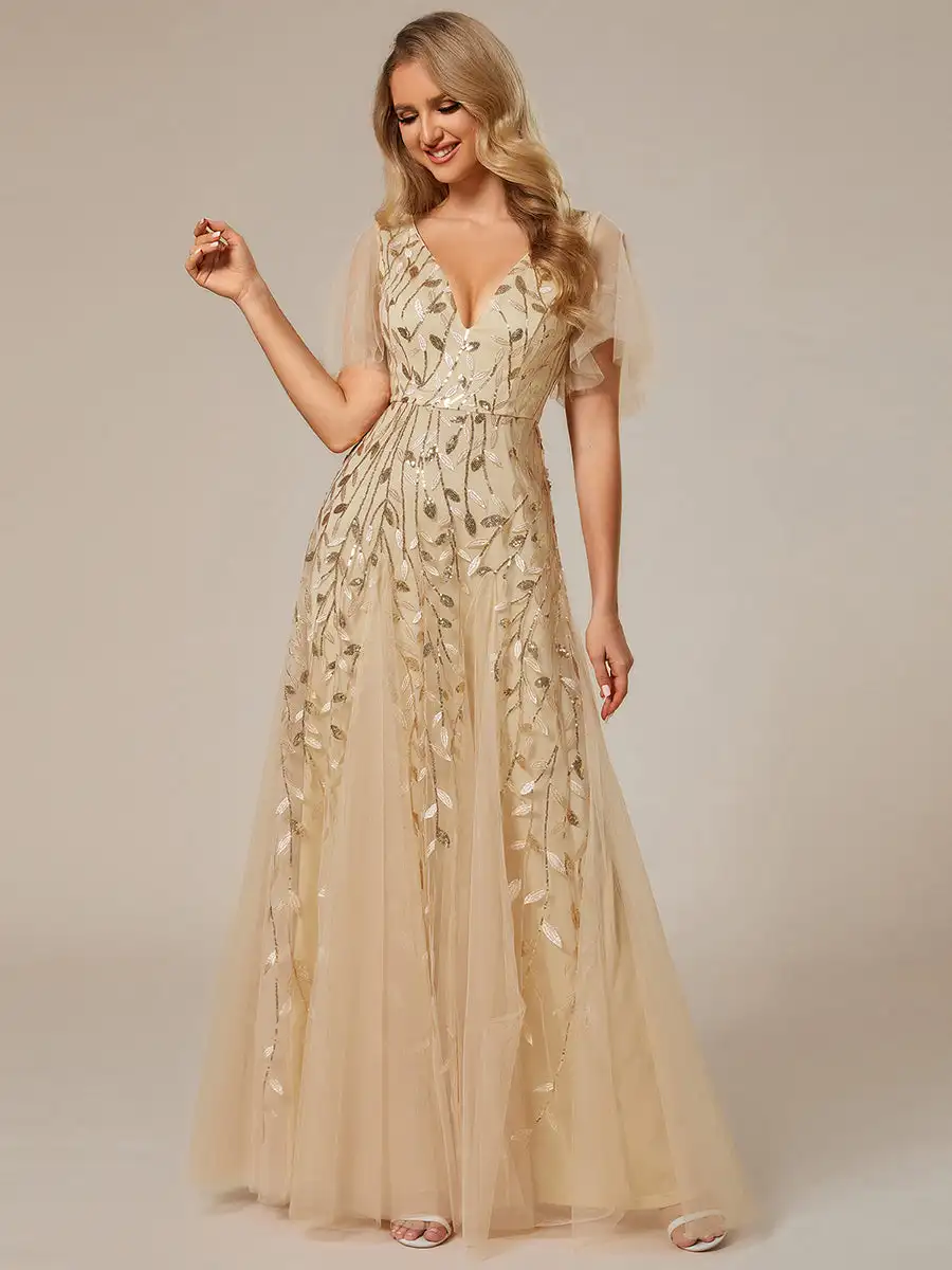 Elegant Evening Dresses Deep V Neck Short Sleeves Floor length 2025 Ever Pretty of Sequin Gold Bridesmaid dress