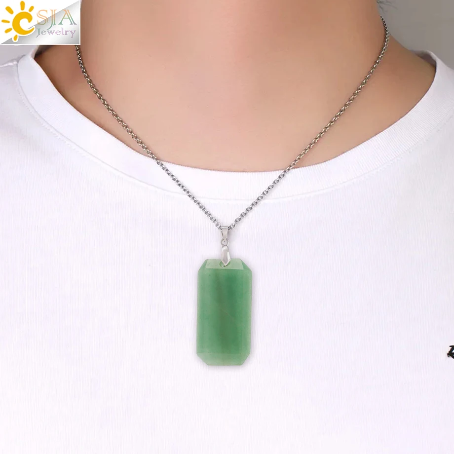 CSJA Natural Stone Crystal Coffin Pendant Necklace for Man Women Trendy Stainless Steel Chain Necklaces Halloween Gift H236