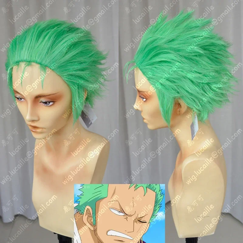 Janpanese Anime Slicked-back green wig Short Layer Roronoa Zoro Comic Cosplay Hair Heat Resistant Synthetic Wigs   Free Wig Cap