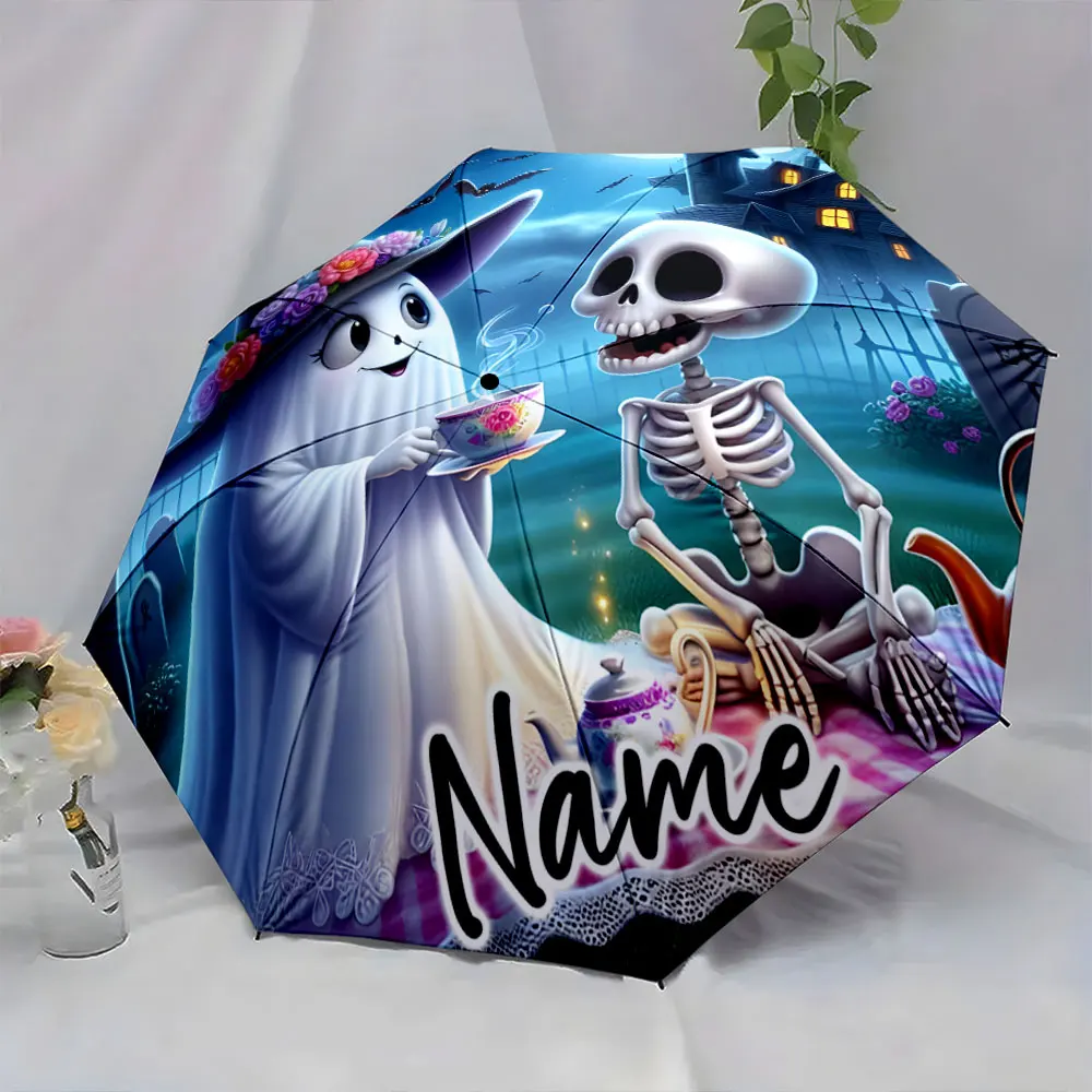 Custom Name  Ghost and Skeleton Tea Party Umbrella Print 8 Iron Ribs Folding Umbrella Auto-Open Fashion Sunshade
