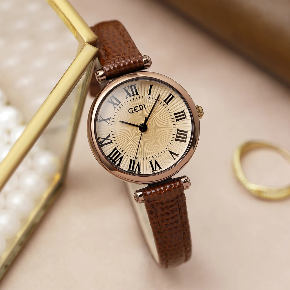 

GEDI Vintage Waterproof Quartz Wrist Watch for Women Elegant Leather Strap Roman Numeral Index Ladies Wristwatch Woman Watch