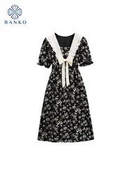 Stile americano Vintage Peter Pan Collar Bow Floral Dress Summer Women Sweet Slim a-line abiti di un pezzo elegante Prairie Chic