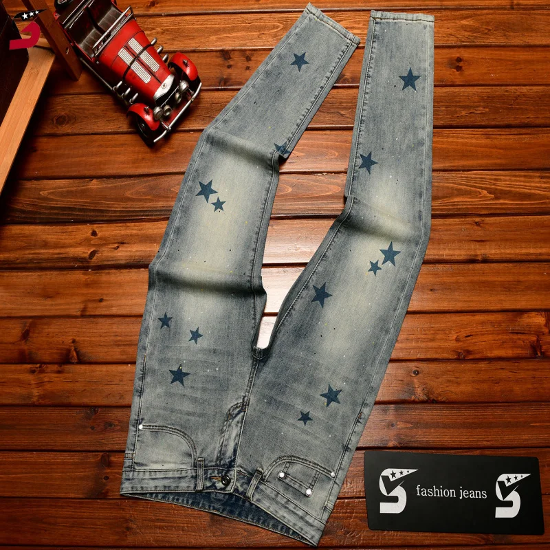 

High-End Fashion Star Printed Denim Jeans, Mens Stretch Slim Fit Pants, Trendy Korean Style Casual Trousers
