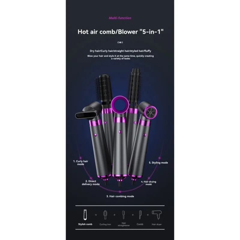 

B25B Hair Styling Comb 5-In-1 Hot Air Comb Automatic Curling Iron Straight Dual-Purpose Hair Dryer Straightening Set UK Plug