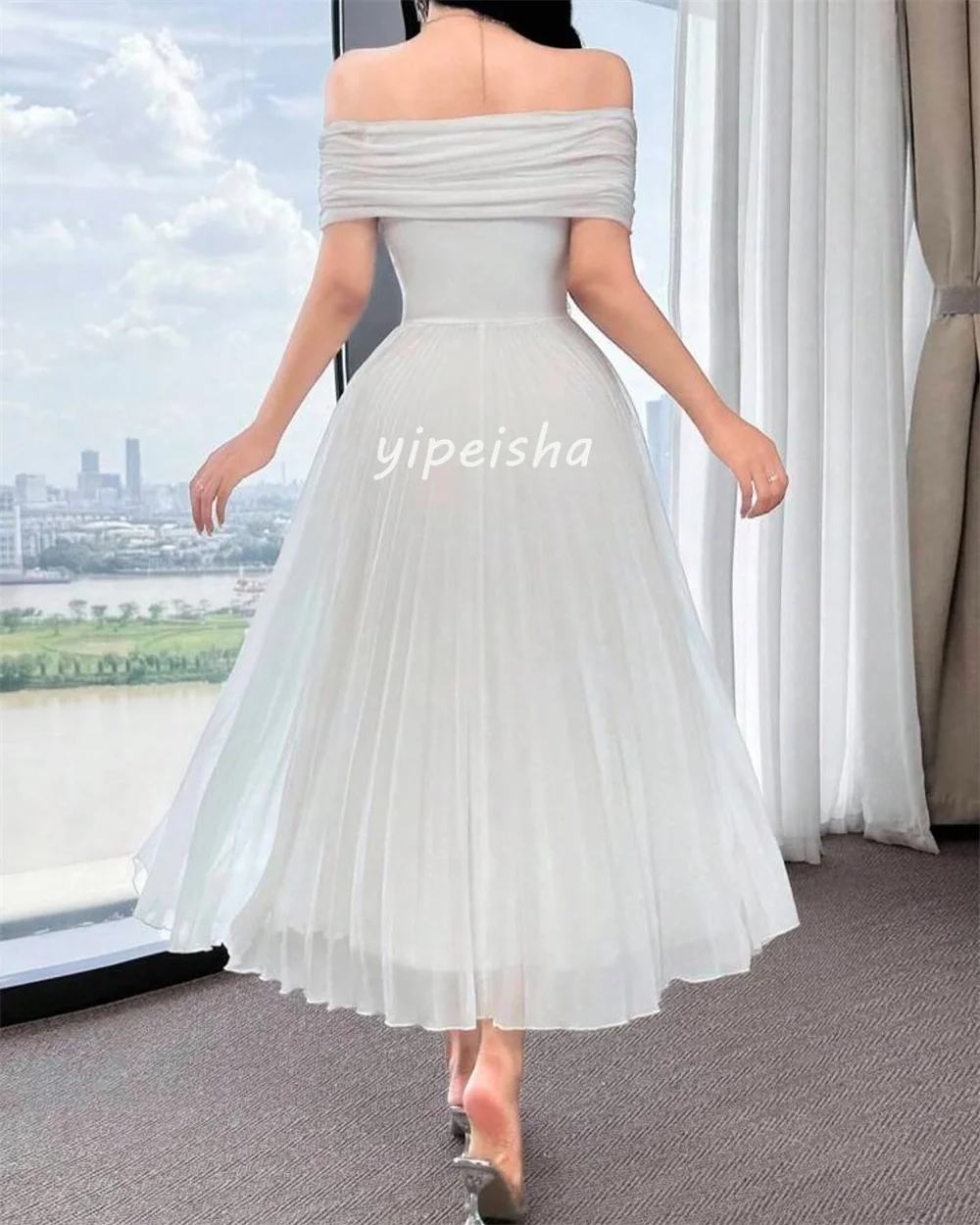 Customized High Quality Classic Chiffon Handmade Flower A-line Off-the-shoulder Ankle Length Dresses Bespoke Occasion Dresses