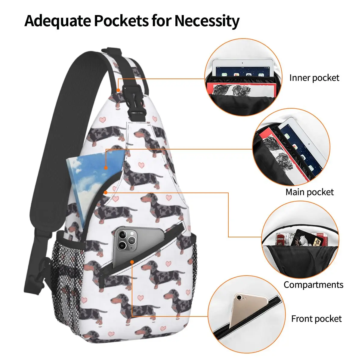 Schattige Hond Teckel Sling Tas Borst Crossbody Schouder Rugzak Outdoor Wandelen Dagrugzakken Dier Cartoon Mannen Vrouwen Tas