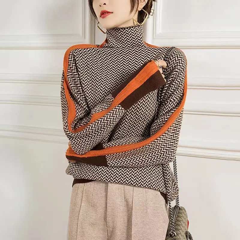 Autumn and Winter 2022 Shirt Sweater Woman Geometric Knitting Turtleneck Jumping Full Match Long Fashion Loose Casual Women Top