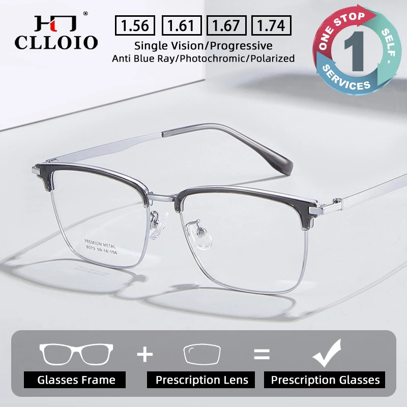 

CLLOIO Business Durable Prescription Glasses Blue Light Blocking Alloy Square Frame Myopia Glasses Progressive Reading Eyewear