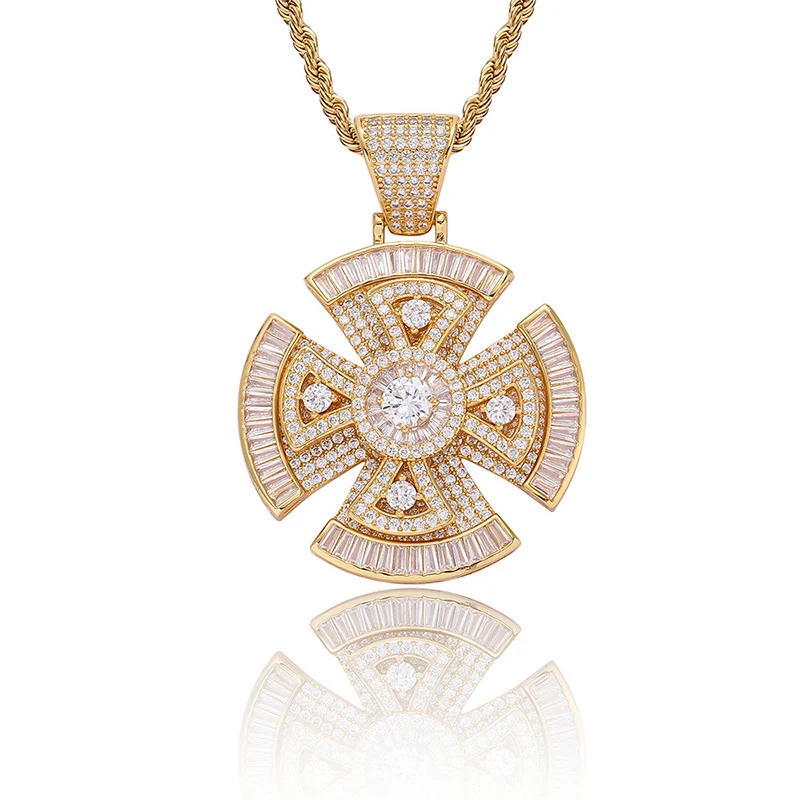 Hip Hop 3A+ CZ Stone Paved Bling Iced Out Rotatable Cross Pendants Necklace for Men Rapper Jewelry Gold Silver Color