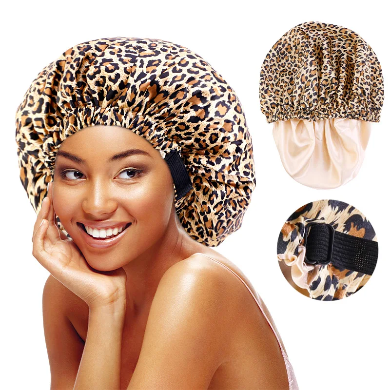 New Women Satin Leopard Printed Bonnet Silky Night Cap Double Layer Sleep Cap Head Scarf Bath Accessories