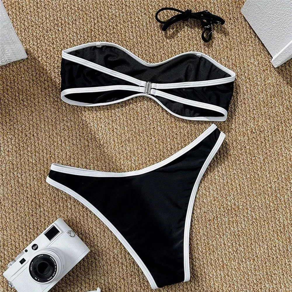 Black Bandeau Micro Bikini Thong Sexy Swimsuit Women 2026 White Edge Holiday Swimwear High Leg Cut Bathing Suit Bikinis Sets