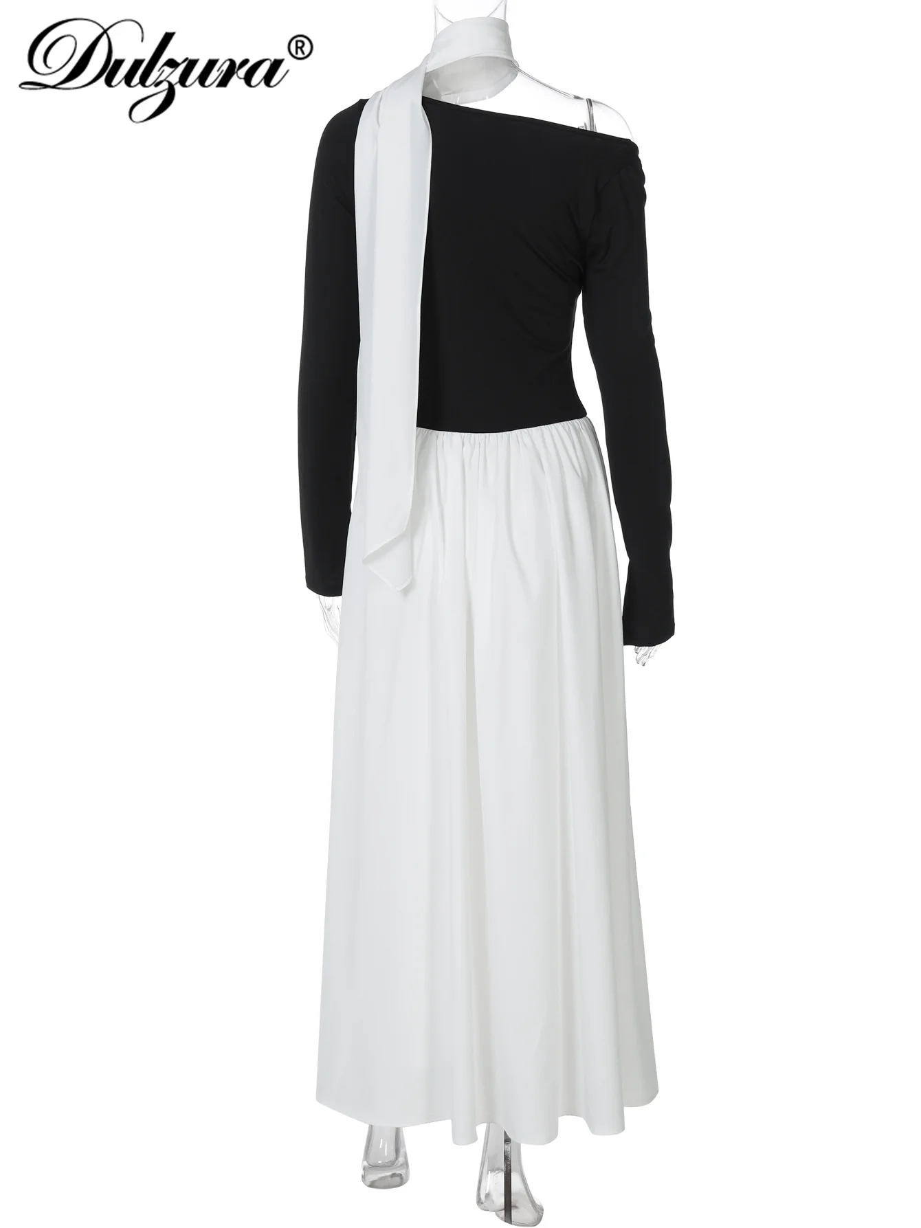 Dulzura 2025 가을 패션 우아한 O넥 긴 소매 슬림 리본 패치워크 플리츠 롱 드레스 이브닝 파티 클럽 프로모션 의류