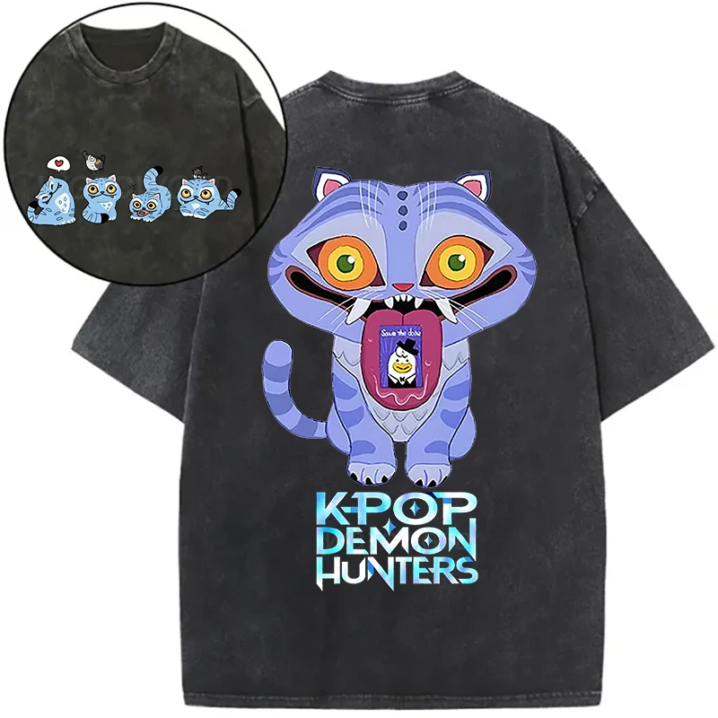 Derpy Tiger Hot Movie Print Shirts for Women Cartoon Anime Washed Cotton Tee K-Pop Demon Hunters Tiger Harajuku T-shirt Tops image 5