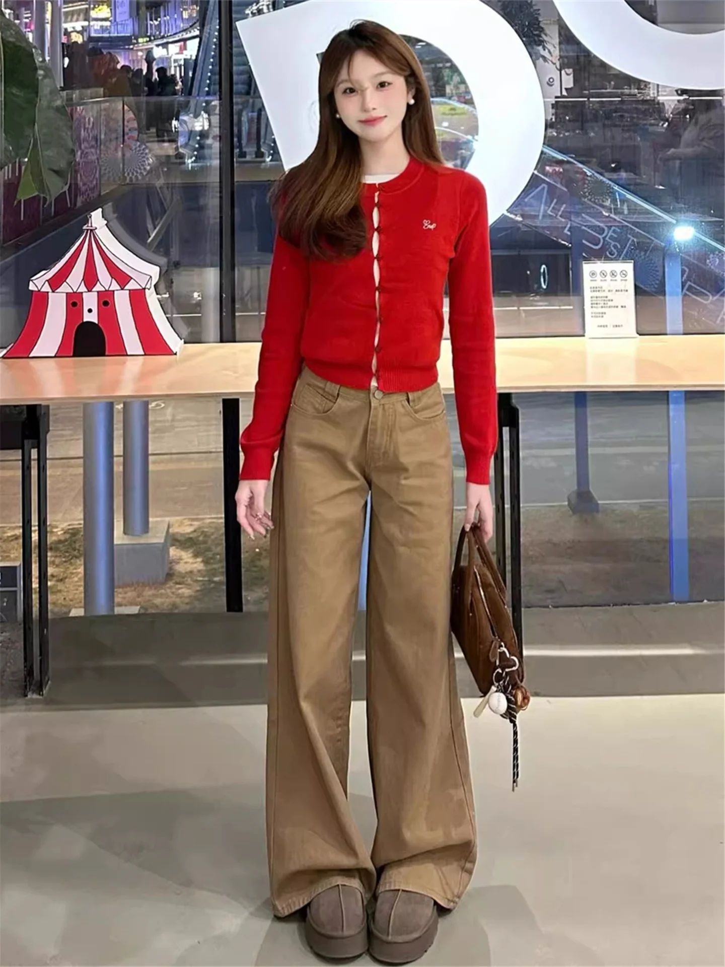 

American Retro Coffee Brown Wide Leg Jeans Women's Spring Autumn High Waist Slimming Tall Extended Straight Floor-Length Pants