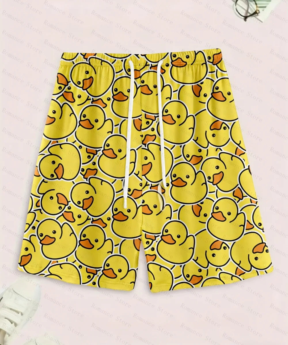 Ein Set aus lässigen Pyjamas mit Entenmuster, bestehend aus Shorts und einem T-Shirt mit Entenmuster, ideal als bequeme Sommerkleidung für zu Hause. – Detail 7