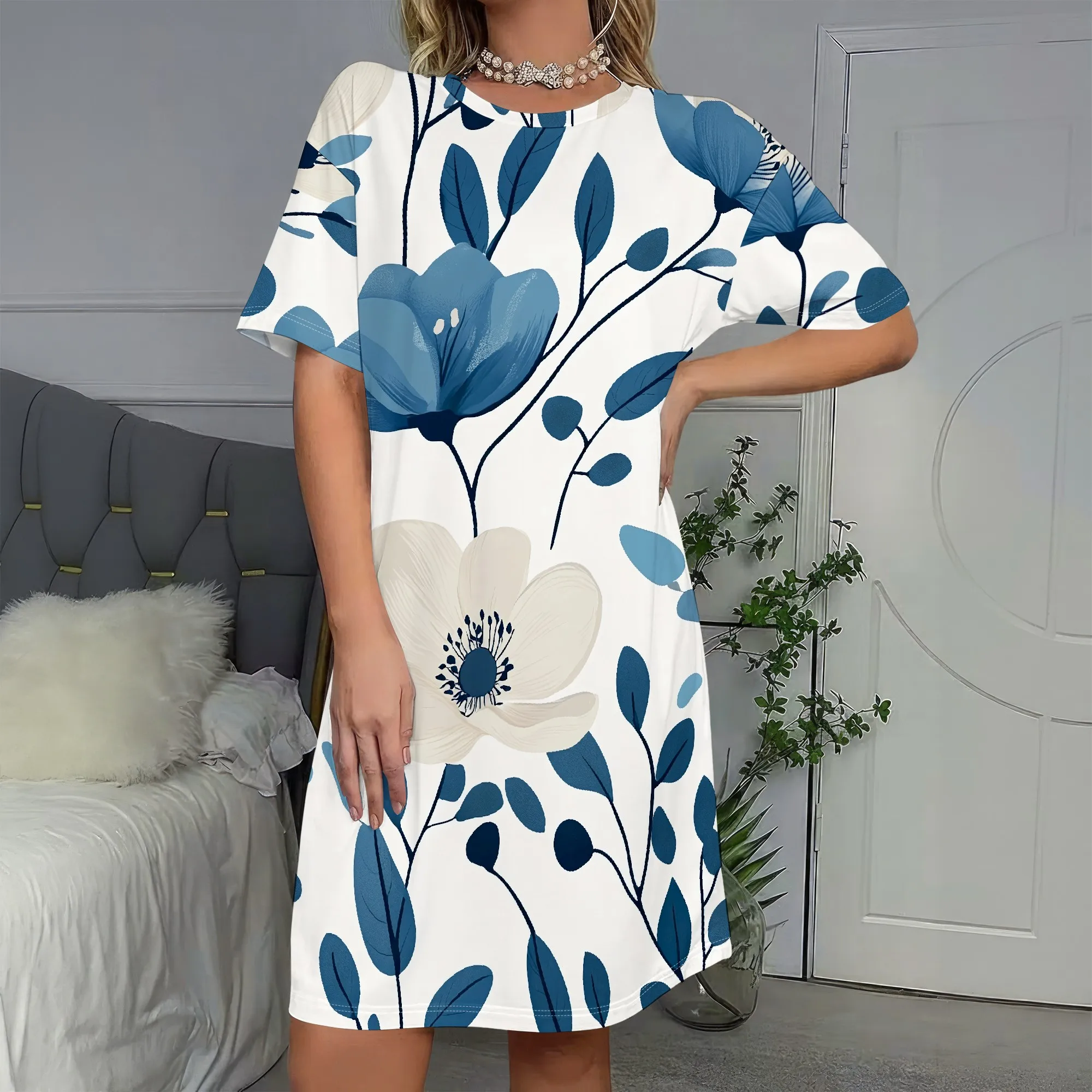 

Blue Floral Short Sleeve Dress, Botanical Print A-Line Shift Dress, Elegant Summer Casual Wear for Women, S-2XL