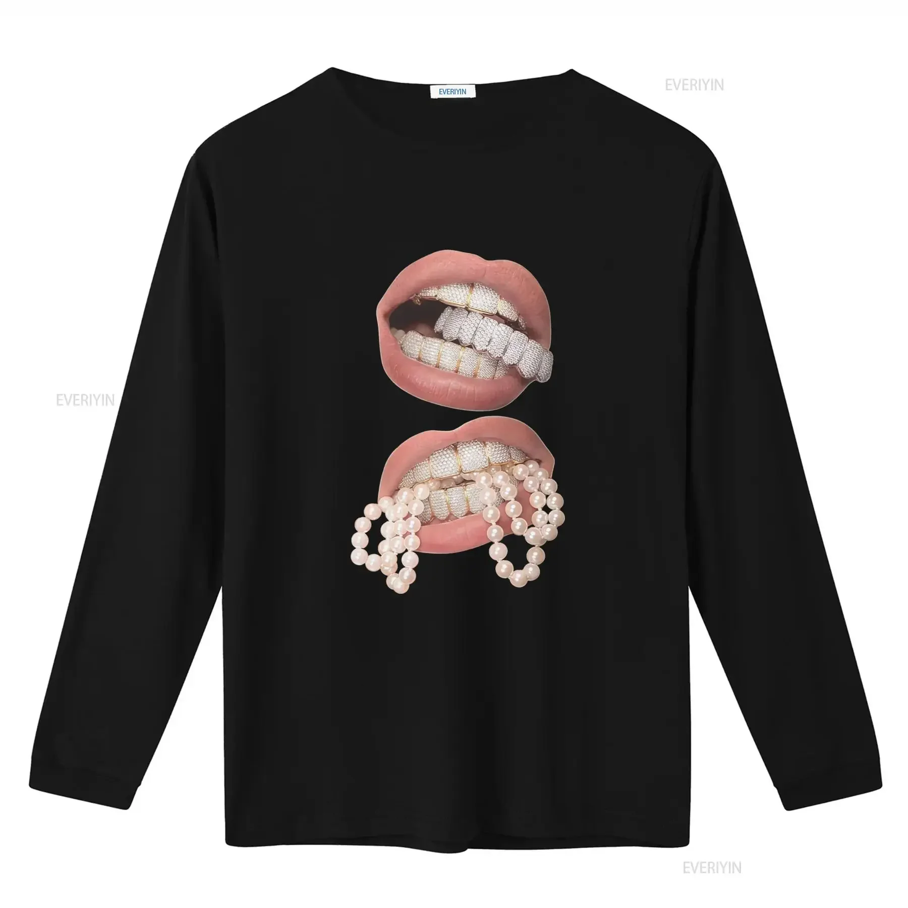 Double Pearls Grillz Lips Boxy Cotton T Shirt Opium Y2K Fashion Streetwear Crew Neck vintage Washed Soft Casual streetwear