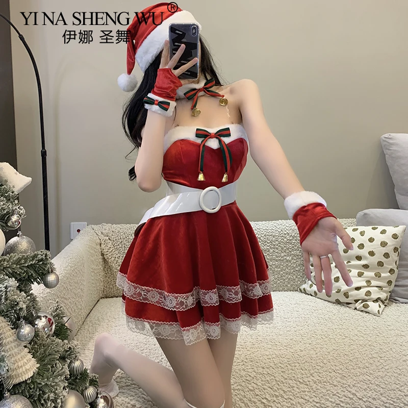 Christmas Sexy Plush Bunny Girl Uniform Cosplay Costume Velvet New Year Red Dress Nightdress RolePlay Outfits Underwear for Girl