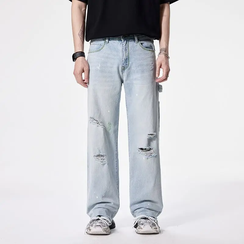 2025 Summer New Light Color Jeans Men's Thin High Street American  Wide Leg Pants Baggy Ripped Jeans Men Clothing