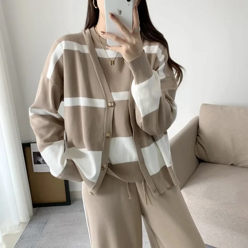 Striped Knitted 3 Piece Sets Womens Outfits 2023 Casual Sleeveless Vests Chic Long Sleeve Cardigan Loose Pant Sets