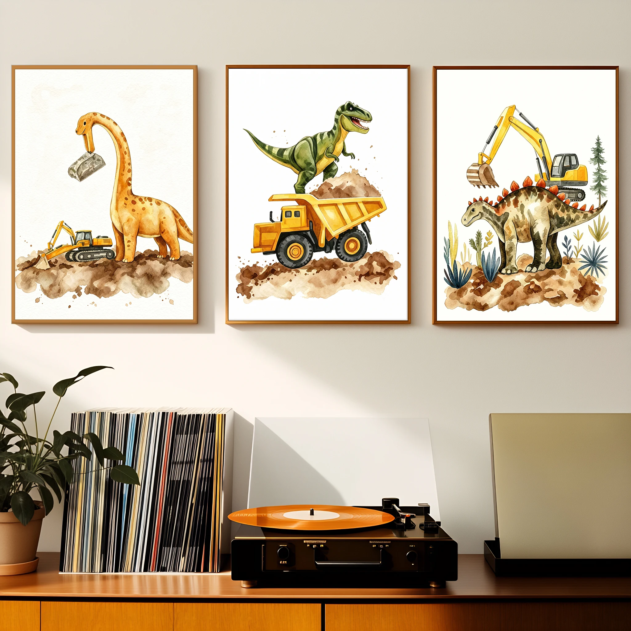 Watercolor Dinosaur Construction Vehicle Canvas Wall Art Cute Digger Truck Poster Boys Bedroom Playroom Nursery Wall Decoration