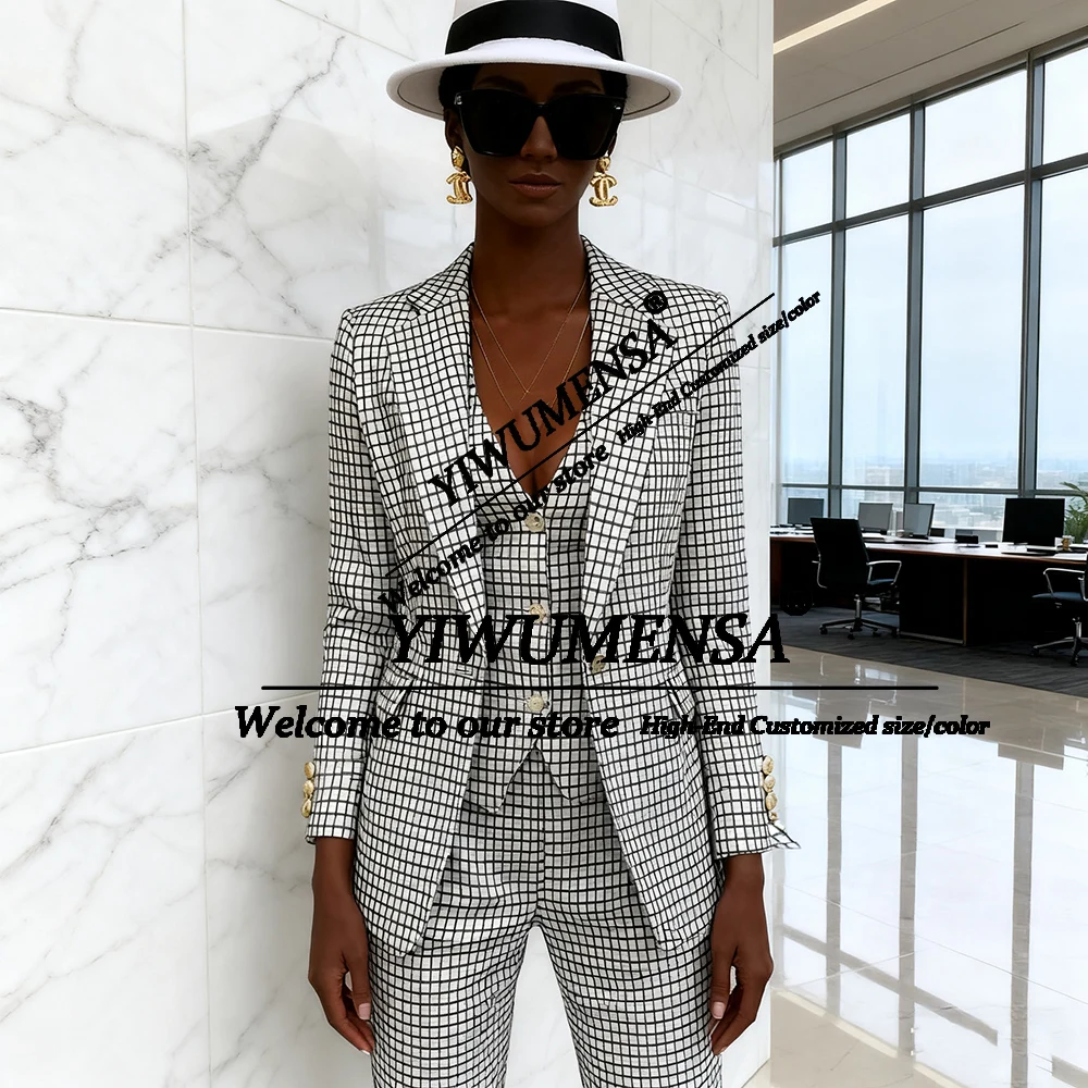 Female Fashion Plaid Check Suits Women 3 Pieces Sets Single Breasted Prom Blazers Customized LadyБрючные костюмы