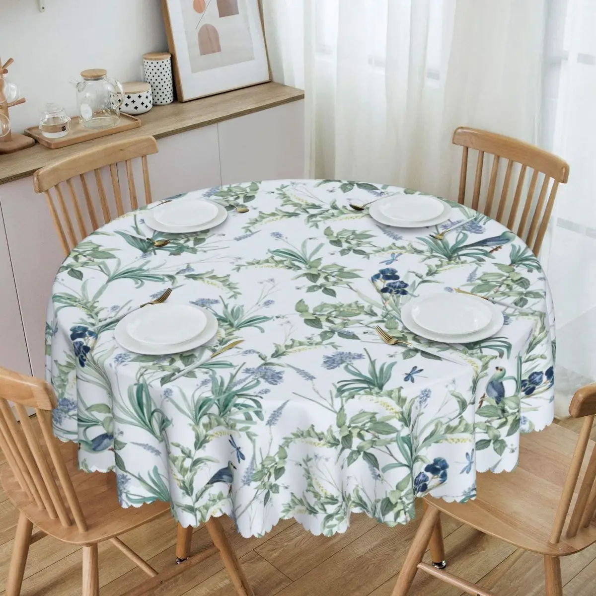 Custom Round Spring Eucalyptus Floral Tablecloth 60 inches Kitchen Dinning Table Cloth Spillproof Table Cover