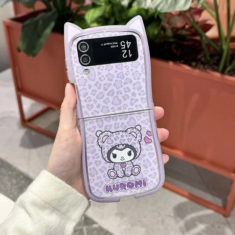 リングホルダー付きのかわいい漫画の電話ケース,ソフトTPUカバー,ヒョウ柄のsanrio kuromi cinnamoroll,samsung galaxy z flip 6 5 4 3