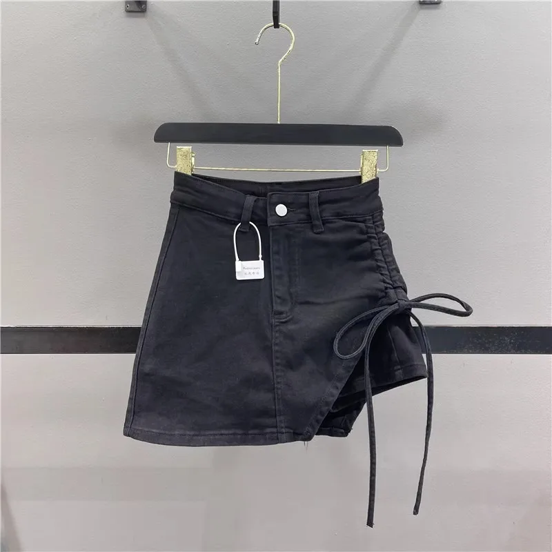 Black Irregular Drawstring Denim Skirt Women's High Waist A Word Short Skirt 2024 Summer