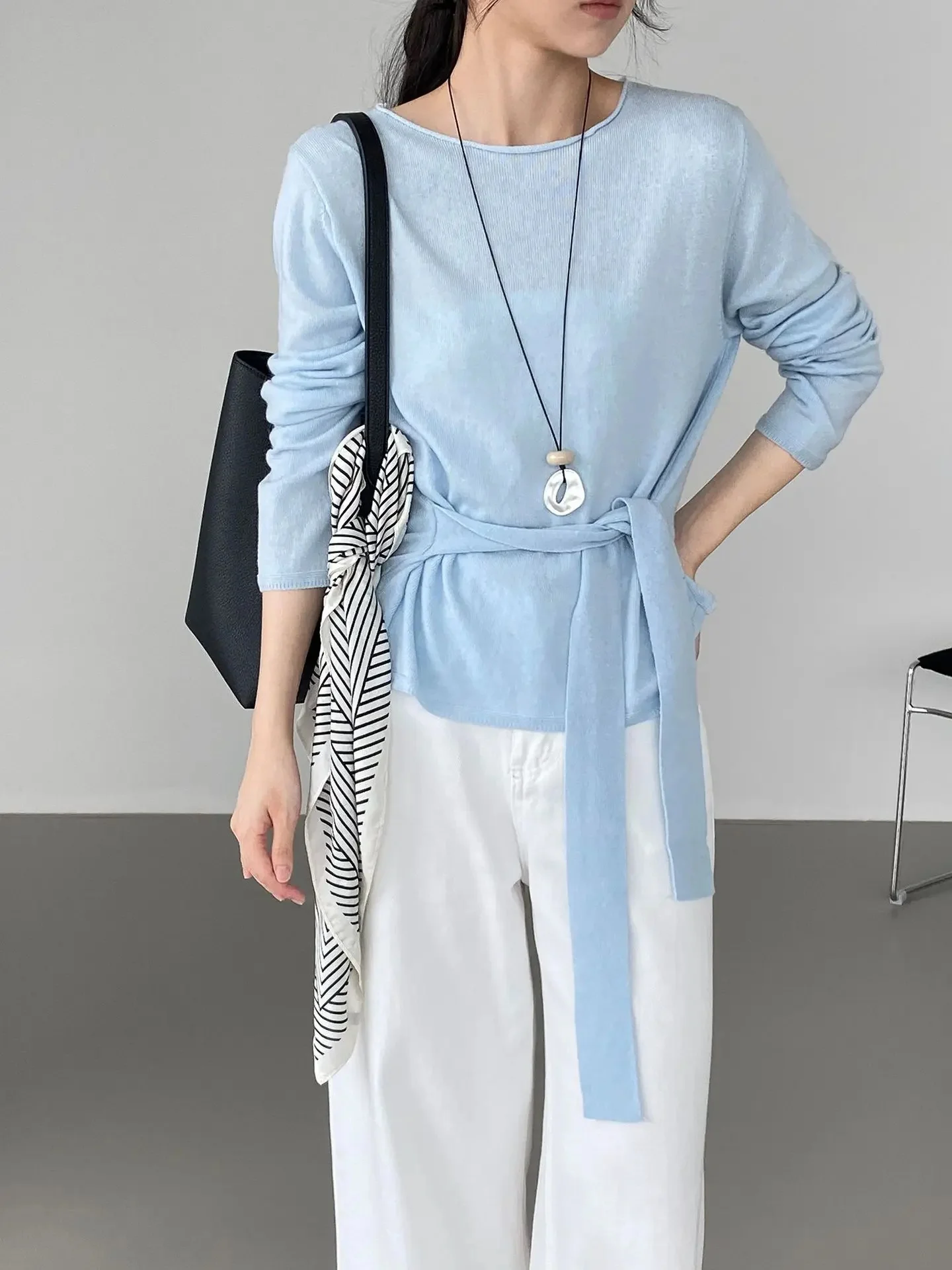 

Korean Style Early Autumn Women's Knitted Sweater Waist-Cinching Belted Round Neck Base Layer Simple Slimming Design