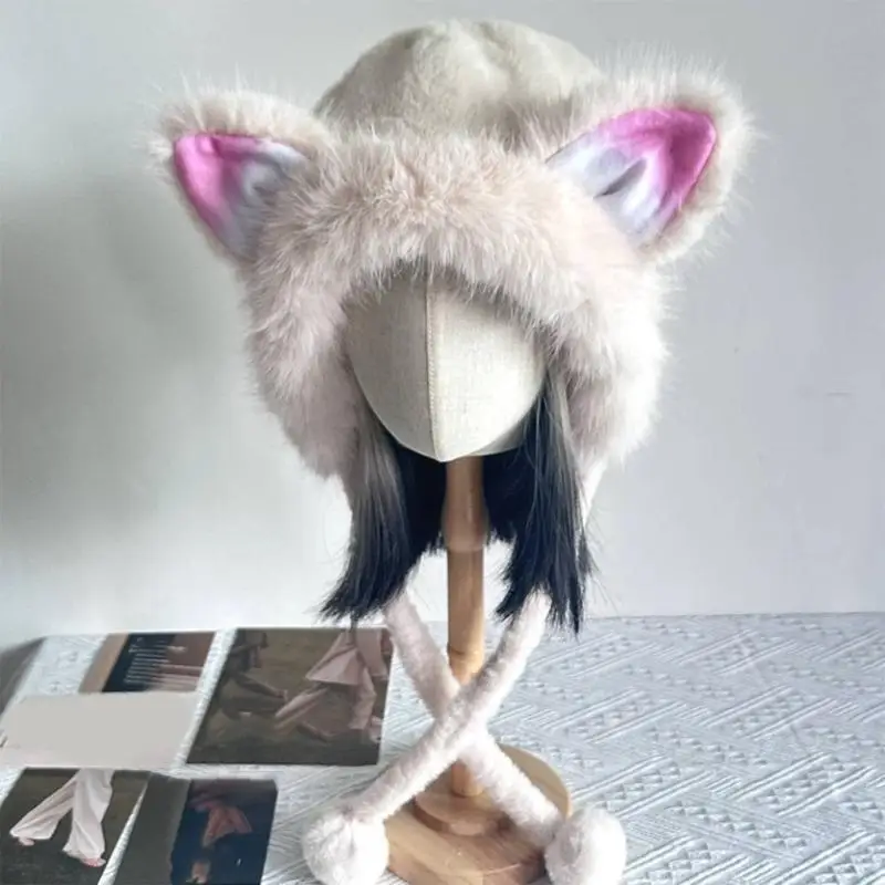 

652F Woollike Plush Thickening Ear Caps Womens Lady Girl Headgear Caps Christmas Hats Soft Faux Furs Hat Pullover Caps