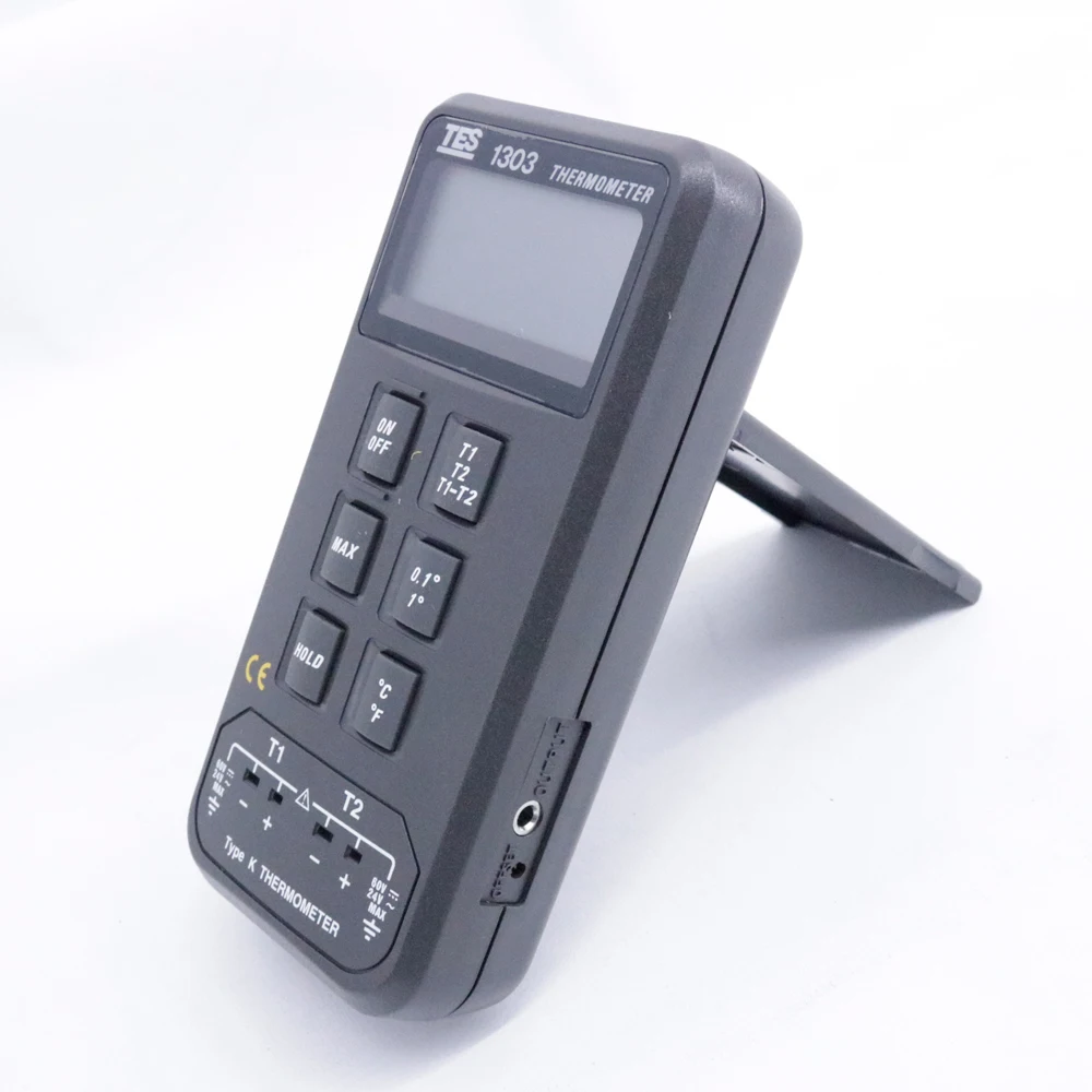 TES-1303 Dual-Input Digital Thermometer with K-Type Thermocouple, T1-T2 Differential Measurement Range -50 °C - 1300 °C