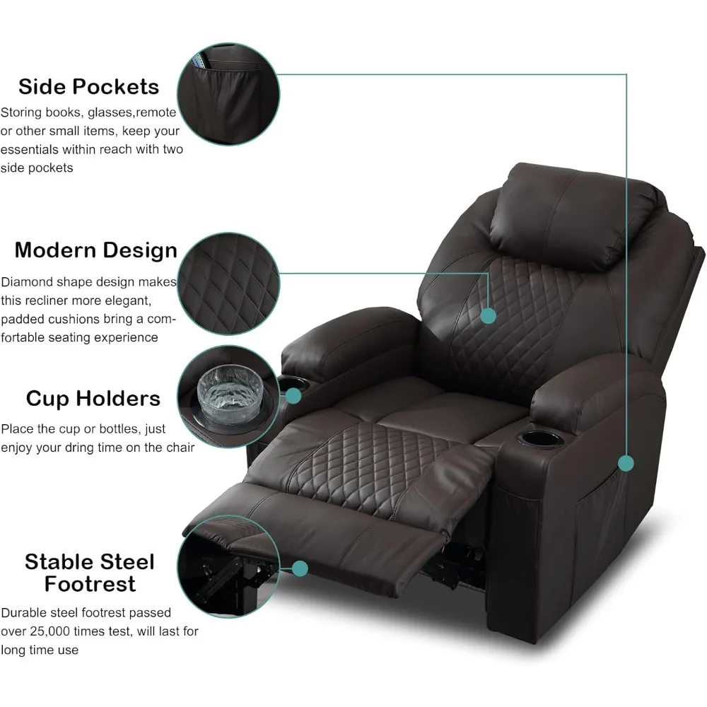 Power Recliner Chairs for Adults - Home Theater Seating with Heat and Massage - Leather Recliner with Cup Holder for Living Room