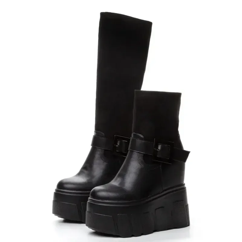 

14CM Synthetic Genuine Leather Stretch Fabric Black Winter Plush Spring Knee High Ankle Boots Woman ZIP Motorcycle Autumn Shoes