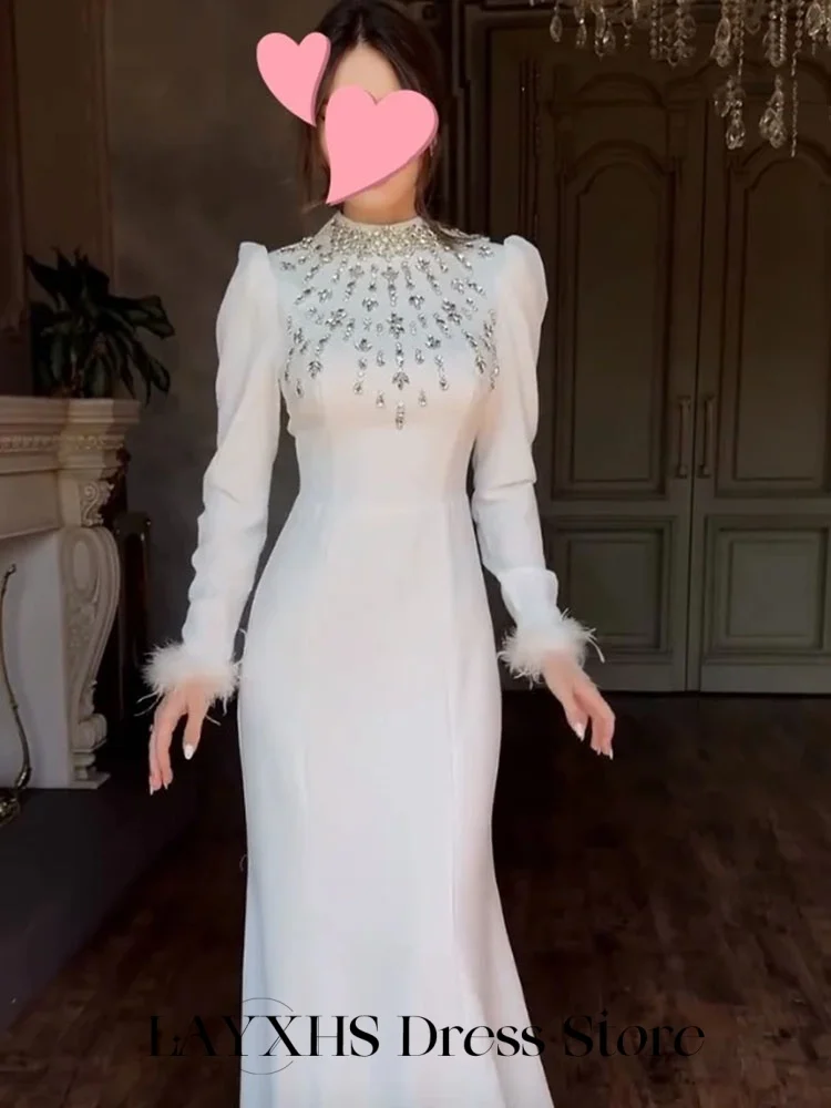LAYXHS Elegant Formal Evening Dresses Long Sleeves Shiny Beaded Feather Mermaid Prom Dresses Customized فستان سهرة نسائي