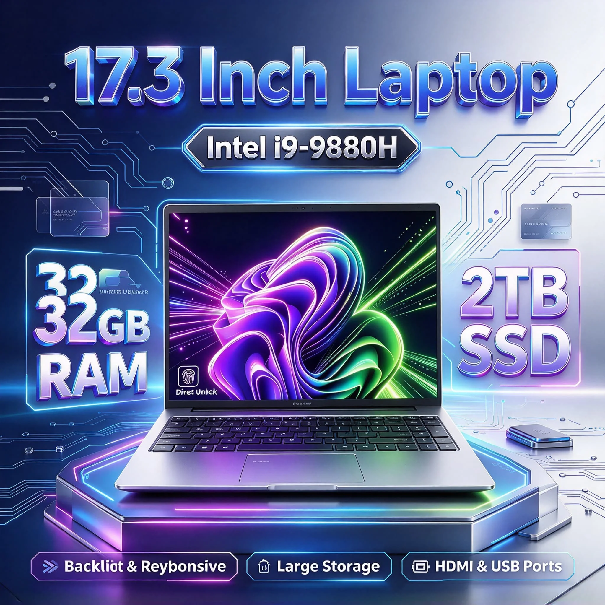 Intel Core i9 9880H 17.3 Inch Full Size Notebook 32GB RAM 2TB Fast SSD Fingerprint Reader Wide View FHD IPS Screen Laptop For Bu
