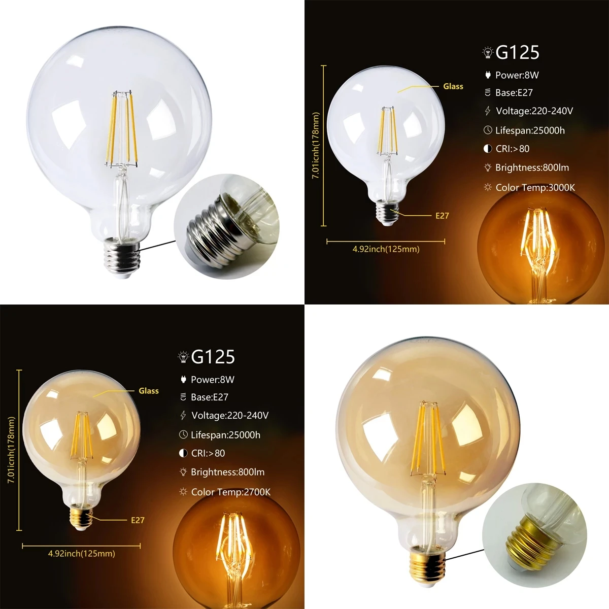 4PCS/LOT Vintage Global Light LED Filament Lamp Glass Material Bulb AC220V G125 8W E27 Warm White Indoor Lighting