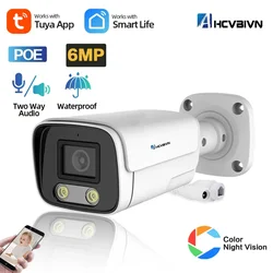 Tuya-cámara de seguridad tipo bala para exteriores, dispositivo de vigilancia CCTV de 6MP, POE, IP, con visión nocturna a Color, de 5MP, con Audio bidireccional