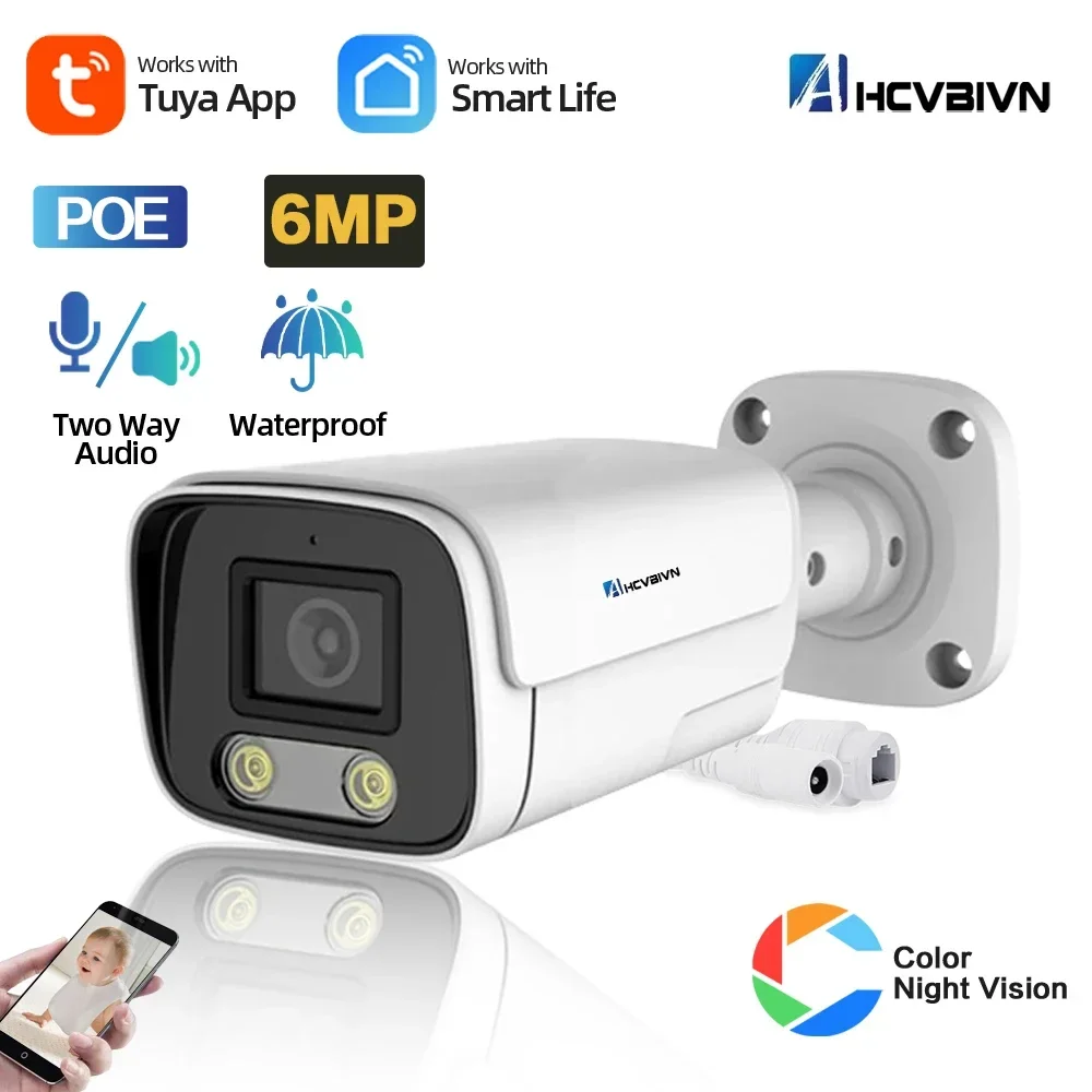 Tuya 6MP POE IP Bullet Security Camera Outdoor Color Night Vision 5MP Smart Life CCTV Surveillance Camera Two Way Audio IP Cam