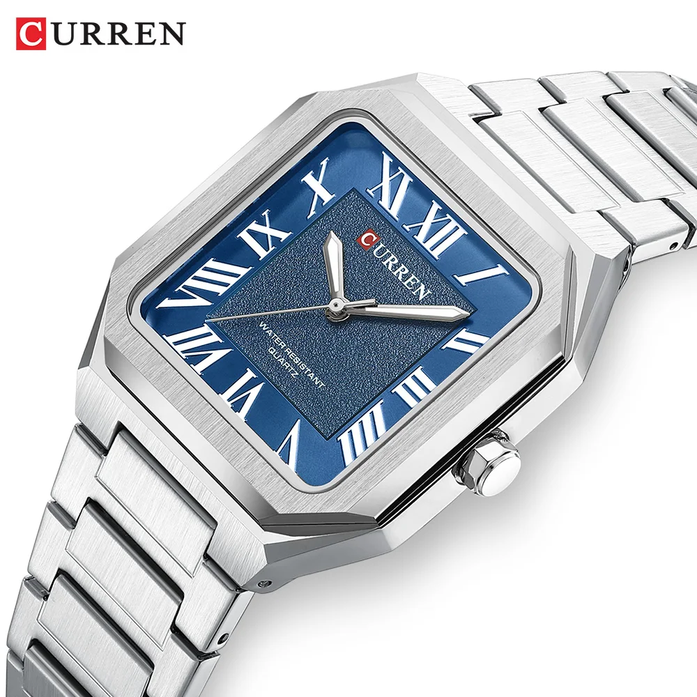 CURREN 8482 Quartz Watch Minimalist Square Waterproof Luminous Quartz Watch, Roman Numeral Fashion Steel-strap Wristwatch